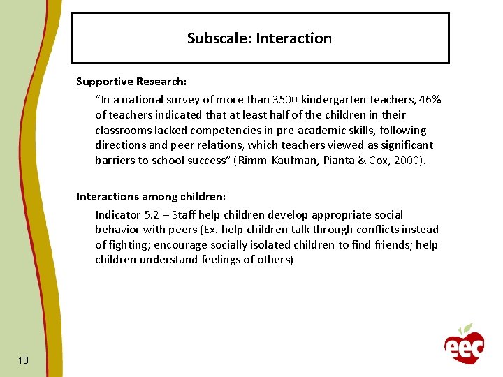 Subscale: Interaction Supportive Research: “In a national survey of more than 3500 kindergarten teachers,