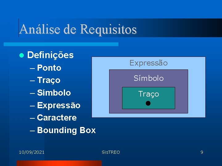 Análise de Requisitos Definições Expressão – Ponto – Traço – Símbolo – Expressão –