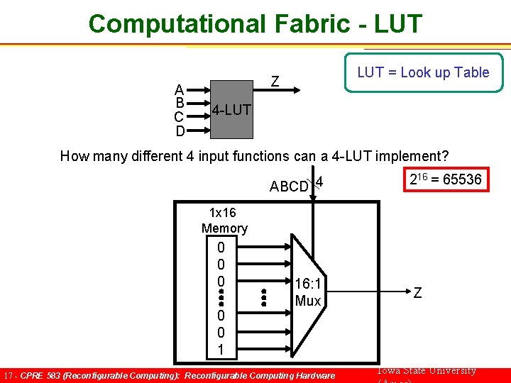 Computational Fabric - LUT A B C D LUT = Look up Table Z