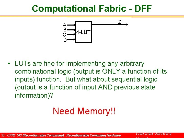 Computational Fabric - DFF A B C D Z 4 -LUT • LUTs are