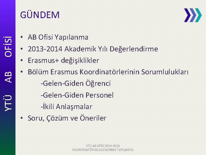 YTÜ AB OFİSİ GÜNDEM AB Ofisi Yapılanma 2013 -2014 Akademik Yılı Değerlendirme Erasmus+ değişiklikler