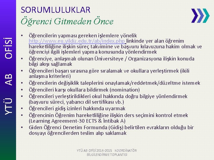 YTÜ AB OFİSİ SORUMLULUKLAR Öğrenci Gitmeden Önce • • • Öğrencilerin yapması gereken işlemlere