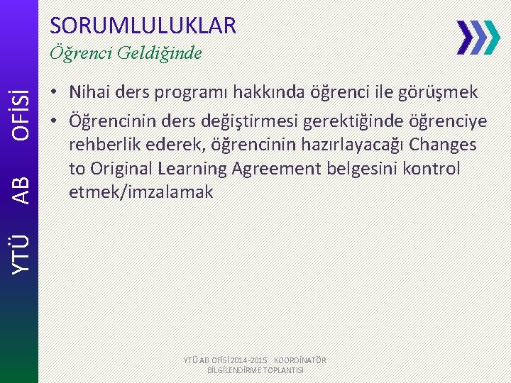 SORUMLULUKLAR • Nihai ders programı hakkında öğrenci ile görüşmek • Öğrencinin ders değiştirmesi gerektiğinde