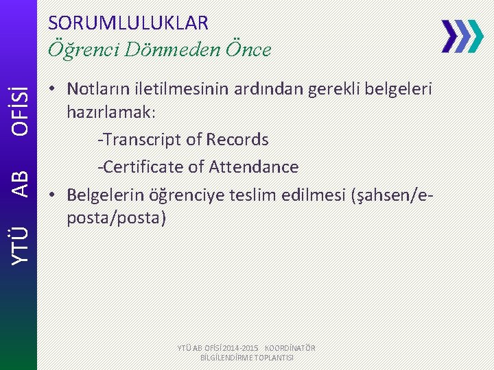 YTÜ AB OFİSİ SORUMLULUKLAR Öğrenci Dönmeden Önce • Notların iletilmesinin ardından gerekli belgeleri hazırlamak: