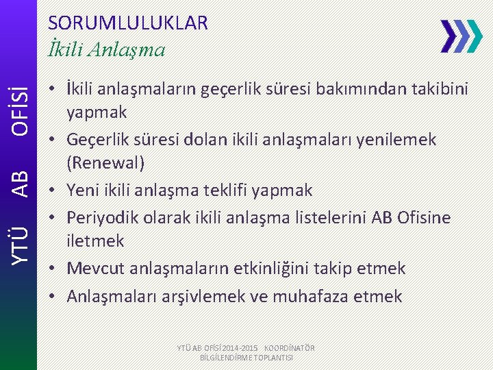 YTÜ AB OFİSİ SORUMLULUKLAR İkili Anlaşma • İkili anlaşmaların geçerlik süresi bakımından takibini yapmak