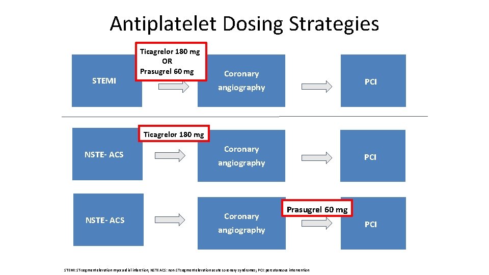 Antiplatelet Dosing Strategies STEMI Ticagrelor 180 mg OR Prasugrel 60 mg Coronary PCI angiography