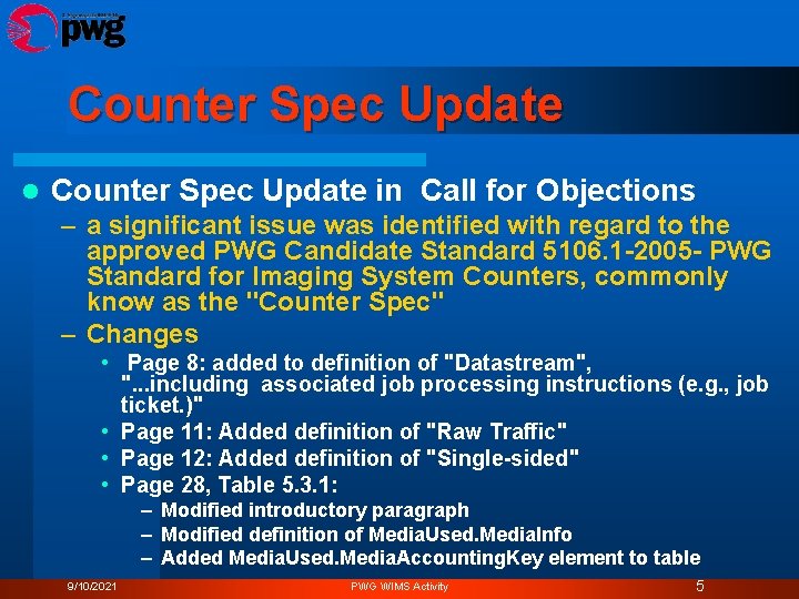 Counter Spec Update l Counter Spec Update in Call for Objections – a significant