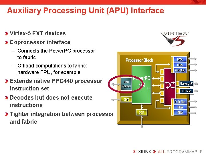 Auxiliary Processing Unit (APU) Interface Virtex-5 FXT devices Coprocessor interface – Connects the Power.