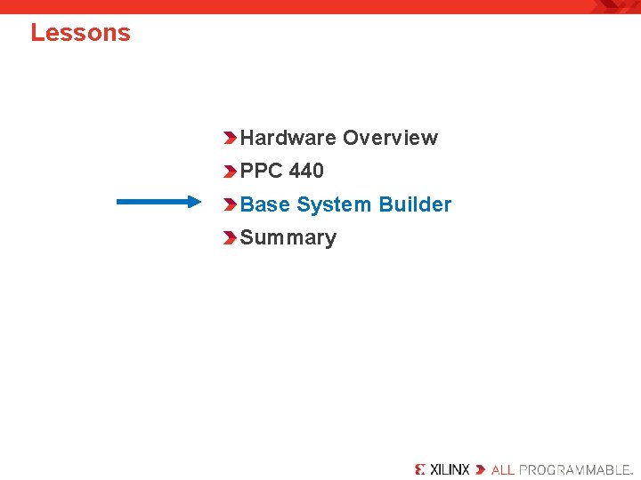 Lessons Hardware Overview PPC 440 Base System Builder Summary 