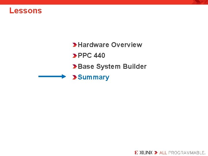 Lessons Hardware Overview PPC 440 Base System Builder Summary 