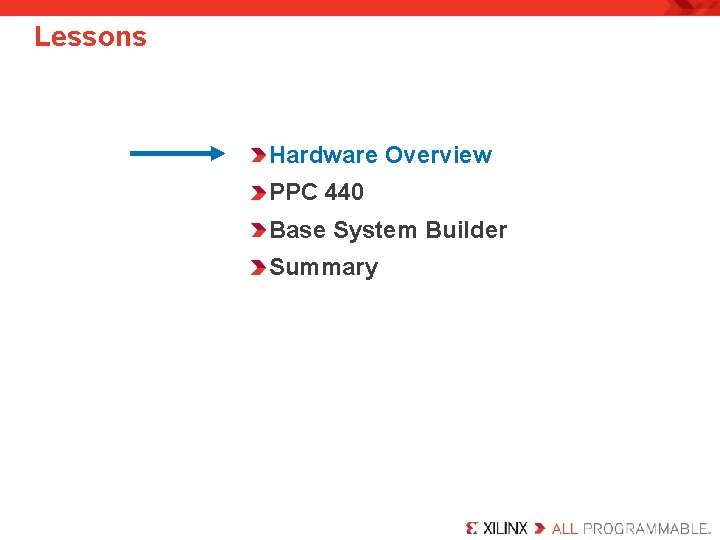 Lessons Hardware Overview PPC 440 Base System Builder Summary 