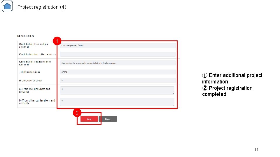 Project registration (4) 1 ① Enter additional project information ② Project registration completed 2