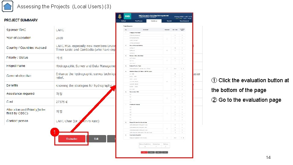 Assessing the Projects (Local Users) (3) ① Click the evaluation button at the bottom