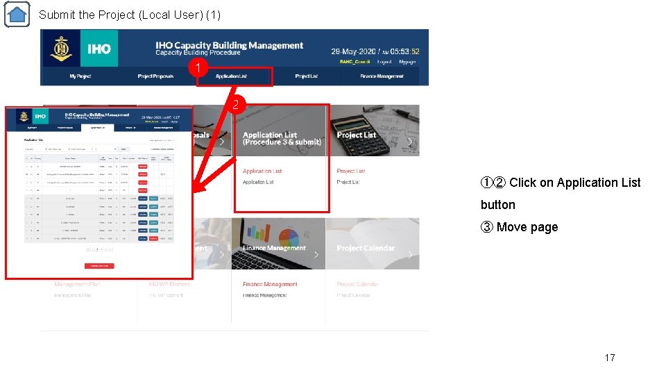 Submit the Project (Local User) (1) 1 2 ①② Click on Application List button