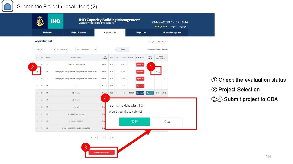 Submit the Project (Local User) (2) 1 2 ① Check the evaluation status ②