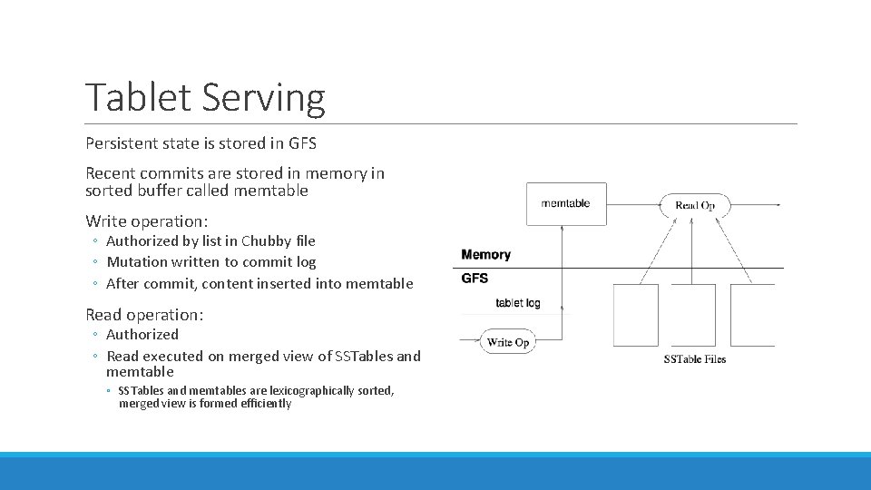 Tablet Serving Persistent state is stored in GFS Recent commits are stored in memory