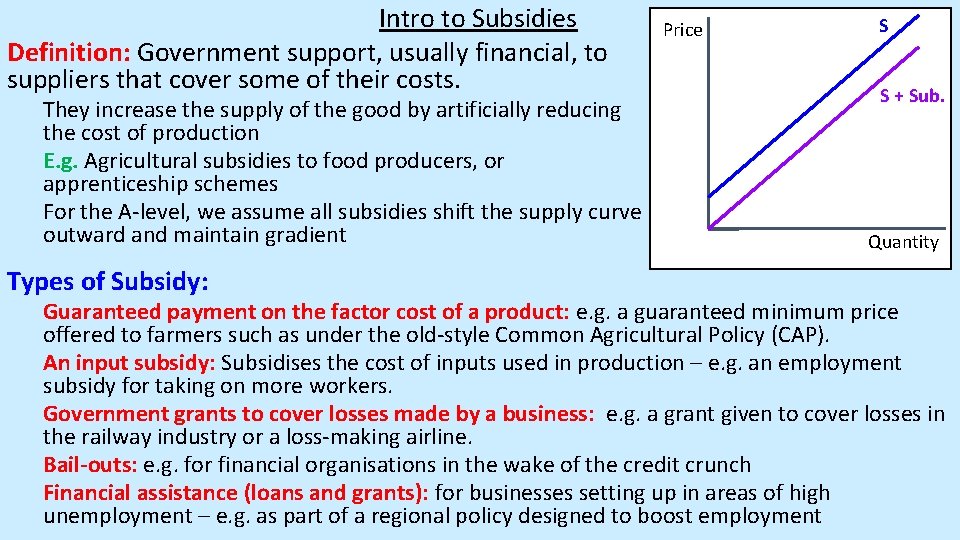 Intro to Subsidies Definition: Government support, usually financial, to suppliers that cover some of