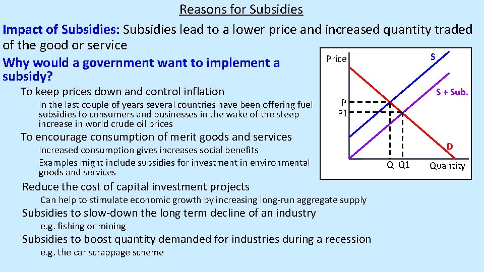 Reasons for Subsidies Impact of Subsidies: Subsidies lead to a lower price and increased