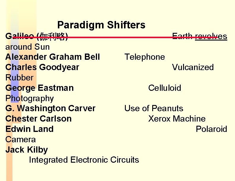 Paradigm Shifters Galileo (伽利略) Earth revolves around Sun Alexander Graham Bell Telephone Charles Goodyear Paradigm Shifters Galileo (伽利略) Earth revolves around Sun Alexander Graham Bell Telephone Charles Goodyear