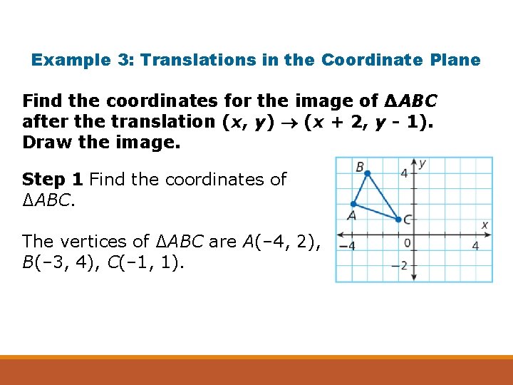 Example 3: Translations in the Coordinate Plane Find the coordinates for the image of