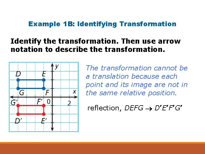 Example 1 B: Identifying Transformation Identify the transformation. Then use arrow notation to describe