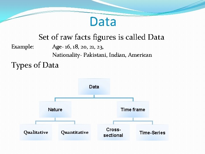 Data Set of raw facts figures is called Data Example: Age- 16, 18, 20,