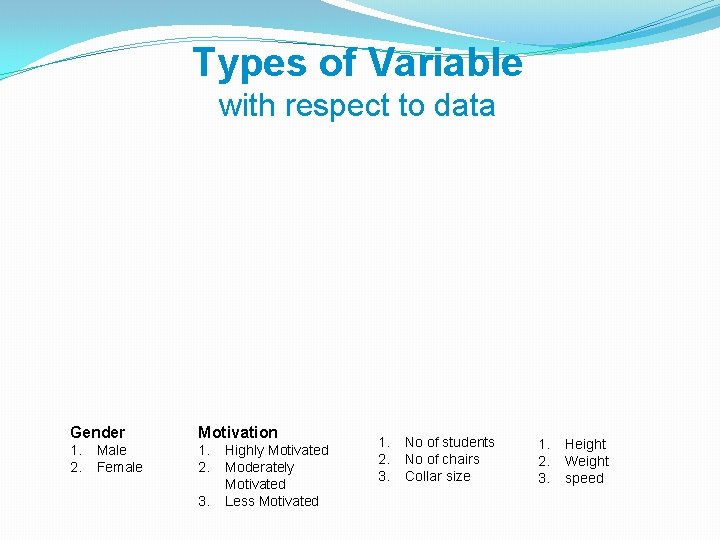 Types of Variable with respect to data Gender Motivation 1. 2. Male Female 3.