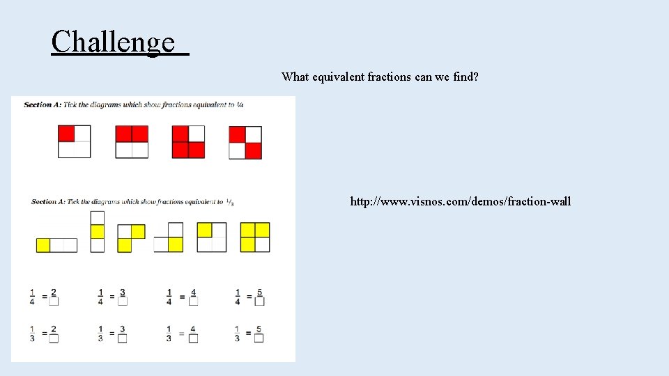 Challenge What equivalent fractions can we find? http: //www. visnos. com/demos/fraction-wall 