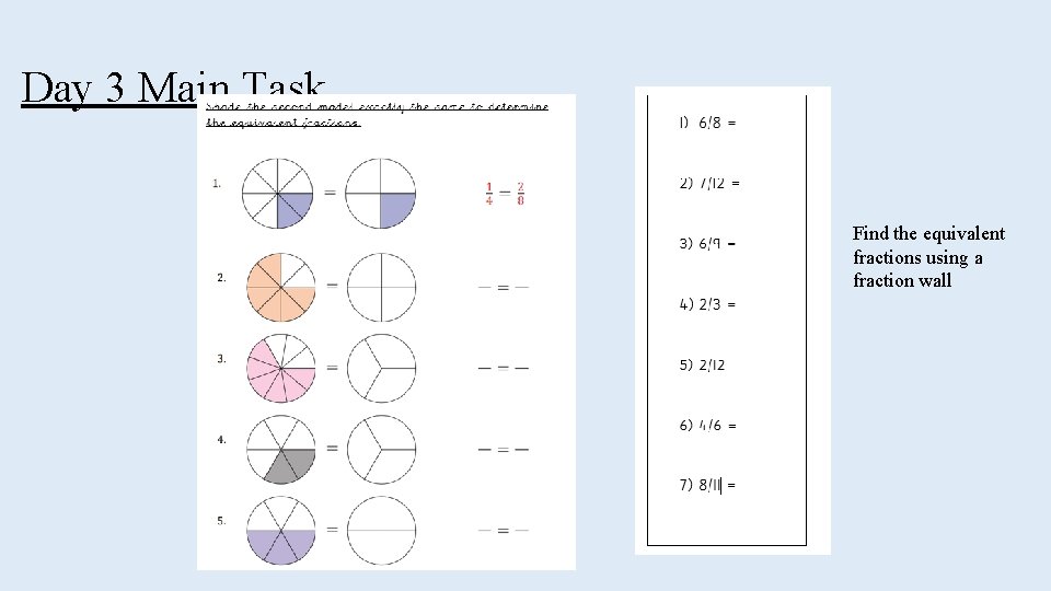 Day 3 Main Task Find the equivalent fractions using a fraction wall 