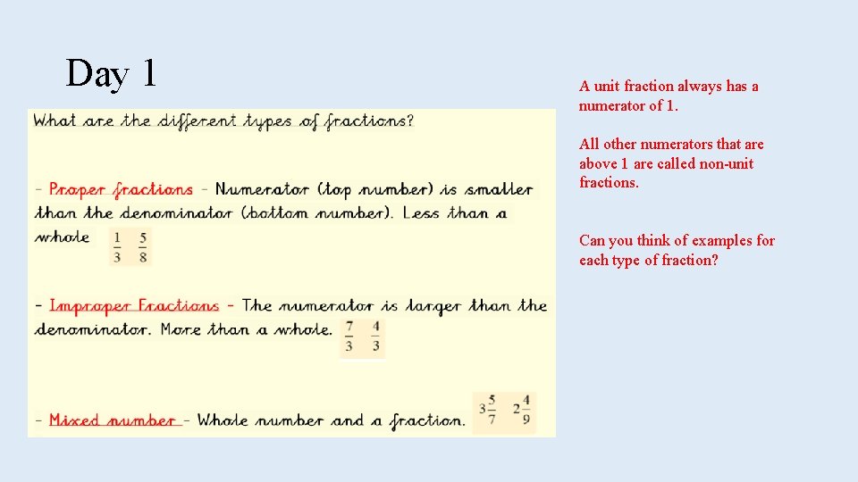 Day 1 A unit fraction always has a numerator of 1. All other numerators