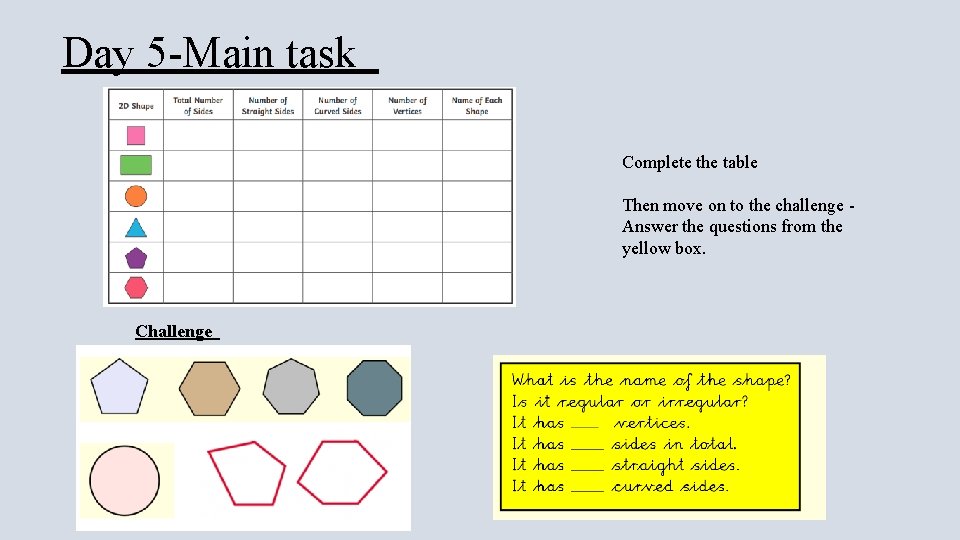 Day 5 -Main task Complete the table Then move on to the challenge Answer