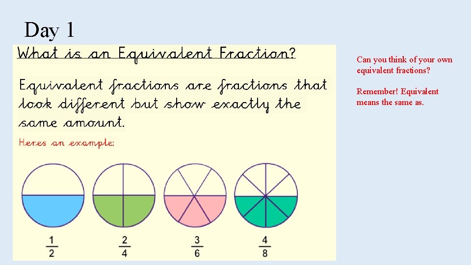 Day 1 Can you think of your own equivalent fractions? Remember! Equivalent means the