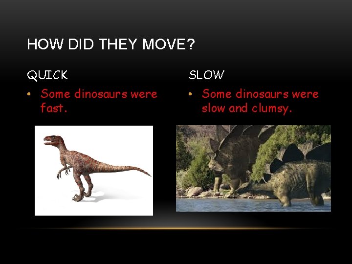 HOW DID THEY MOVE? QUICK SLOW • Some dinosaurs were fast. • Some dinosaurs