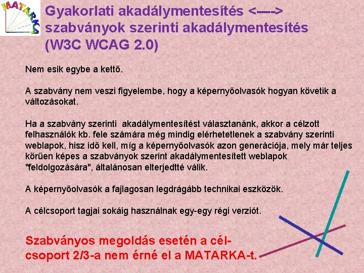 Gyakorlati akadálymentesítés <----> szabványok szerinti akadálymentesítés (W 3 C WCAG 2. 0) Nem esik