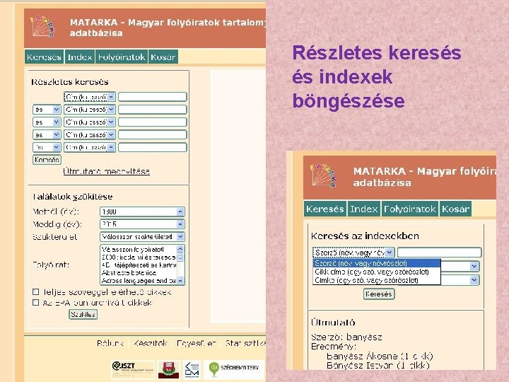 Részletes keresés és indexek böngészése 