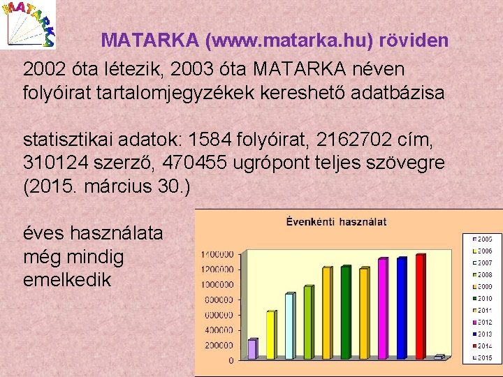 MATARKA (www. matarka. hu) röviden 2002 óta létezik, 2003 óta MATARKA néven folyóirat tartalomjegyzékek