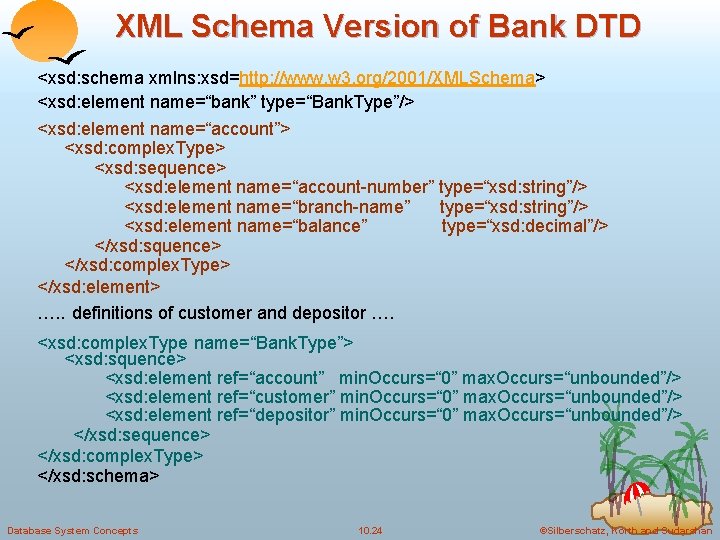 XML Schema Version of Bank DTD <xsd: schema xmlns: xsd=http: //www. w 3. org/2001/XMLSchema>