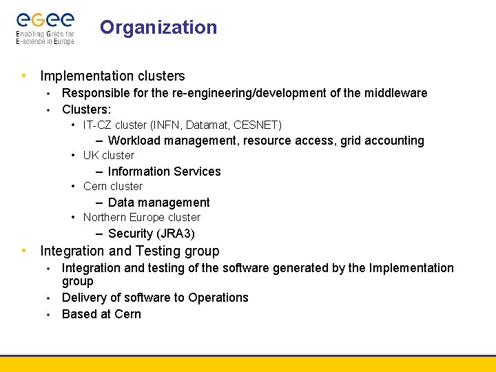 Organization • Implementation clusters Responsible for the re-engineering/development of the middleware • Clusters: •