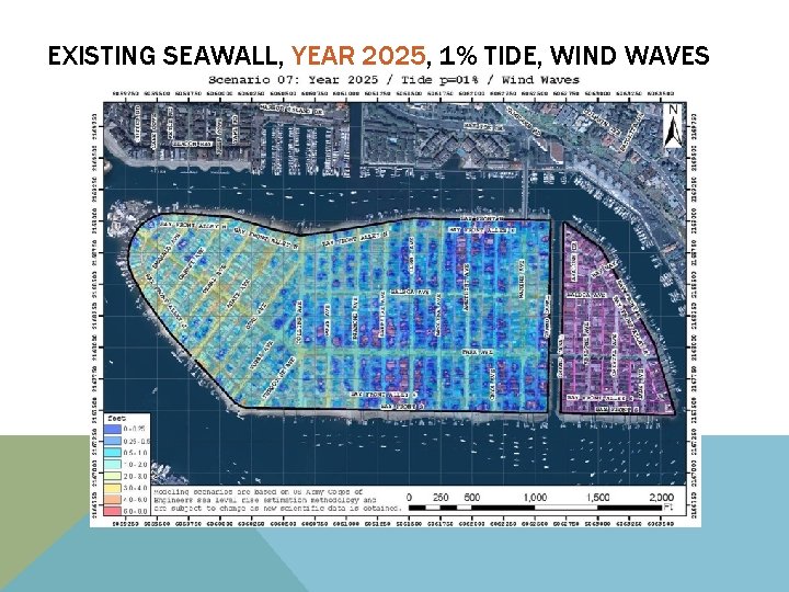 EXISTING SEAWALL, YEAR 2025, 1% TIDE, WIND WAVES 