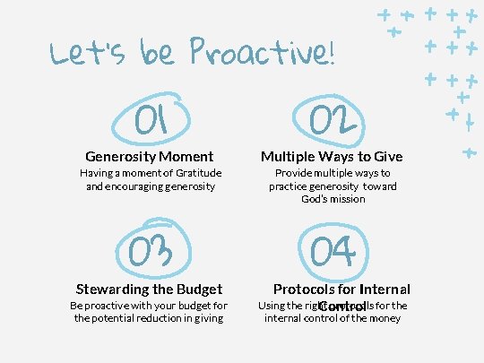 Let’s be Proactive! 01 02 Generosity Moment Multiple Ways to Give Having a moment