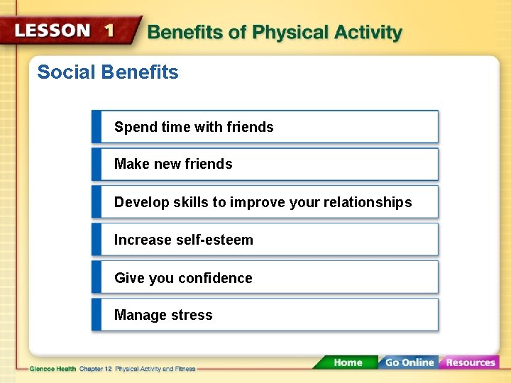Social Benefits Spend time with friends Make new friends Develop skills to improve your