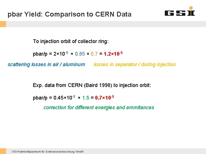 pbar Yield: Comparison to CERN Data To injection orbit of collector ring: pbar/p =