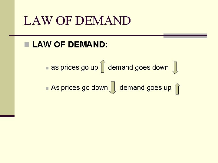 LAW OF DEMAND n LAW OF DEMAND: n as prices go up demand goes