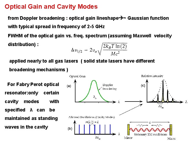 Optical Gain and Cavity Modes from Doppler broadening : optical gain lineshape ~ Gaussian