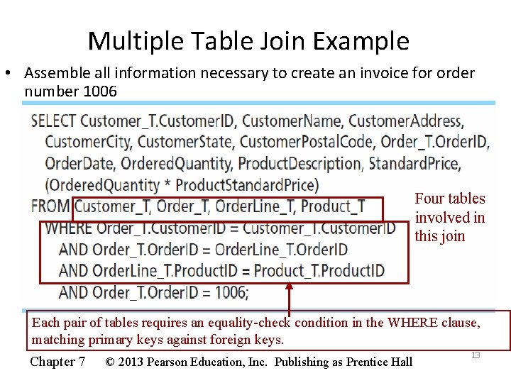 Multiple Table Join Example • Assemble all information necessary to create an invoice for