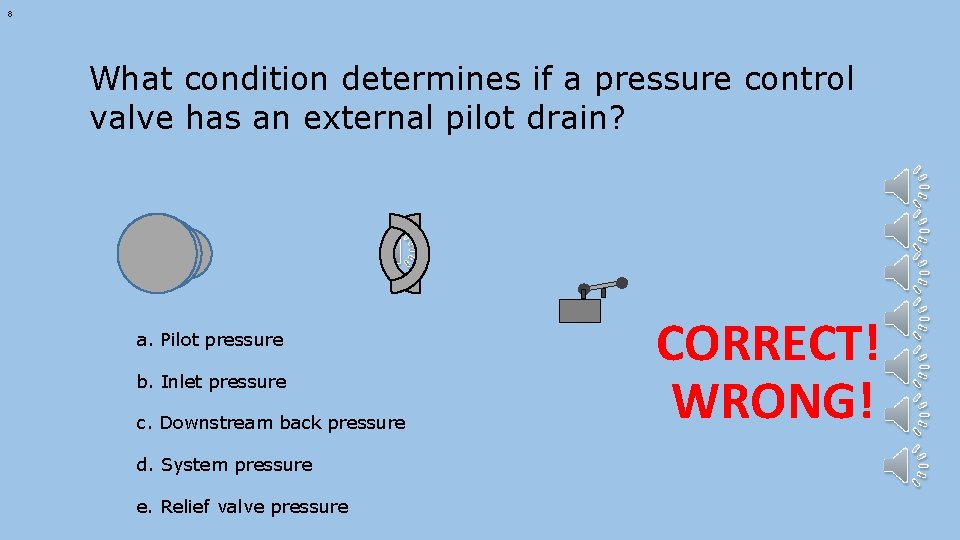 8 What condition determines if a pressure control valve has an external pilot drain?