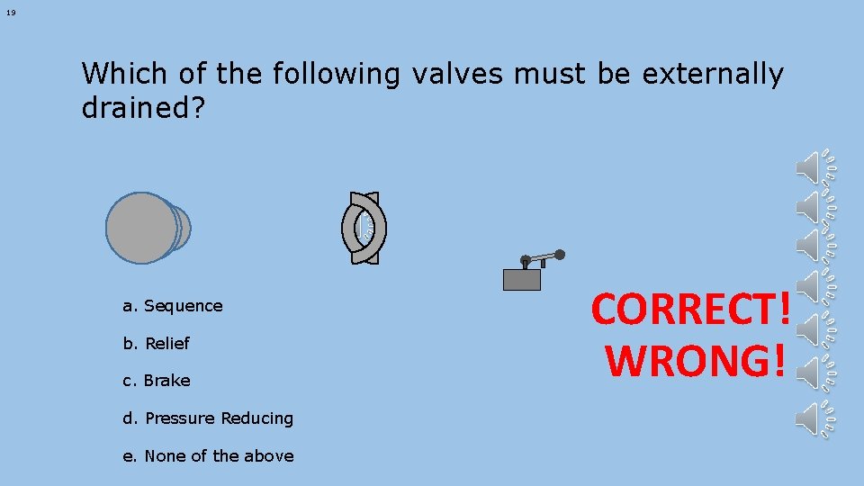 19 Which of the following valves must be externally drained? a. Sequence b. Relief