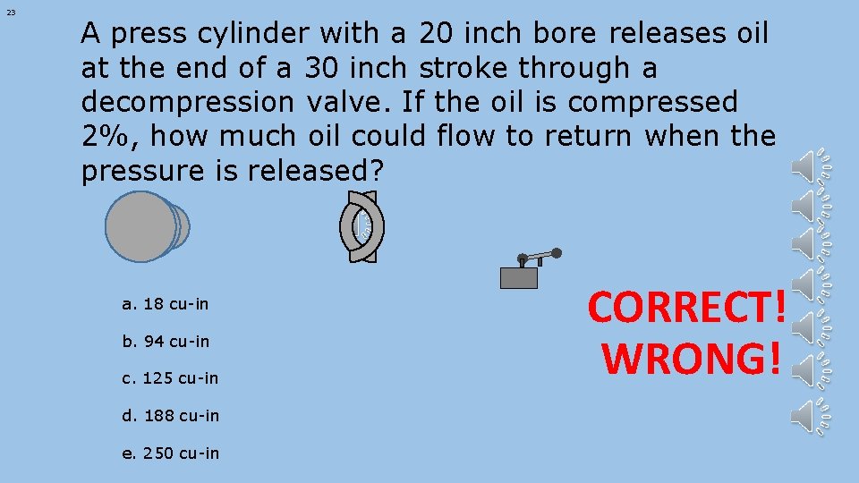 23 A press cylinder with a 20 inch bore releases oil at the end