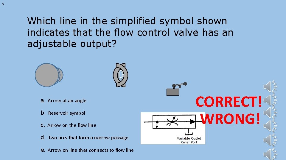 3 Which line in the simplified symbol shown indicates that the flow control valve