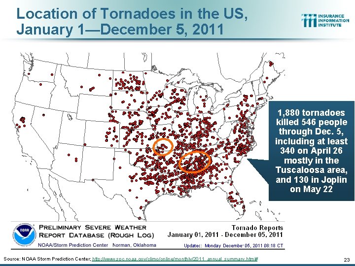 Location of Tornadoes in the US, January 1—December 5, 2011 1, 880 tornadoes killed